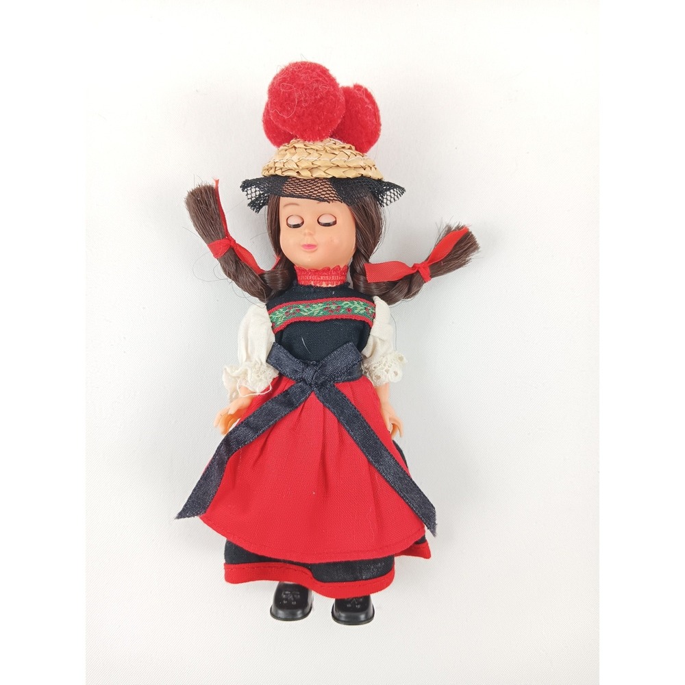 Vintage European Folk Doll Traditional Dress Red Black Straw Hat Pom Poms